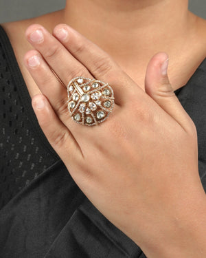 Wedding Guest Moissanite Polki Ring showing polished guest dressing and rich festive detail