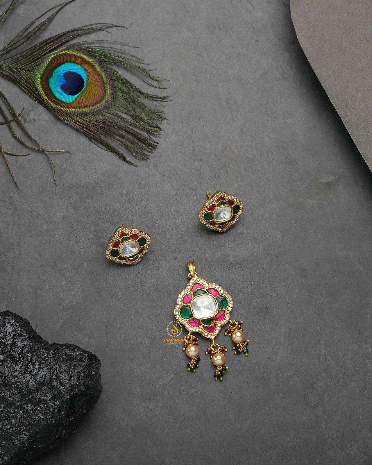 Rubygreen color pearl-accented grace jadau kundan pendant set with matching earrings