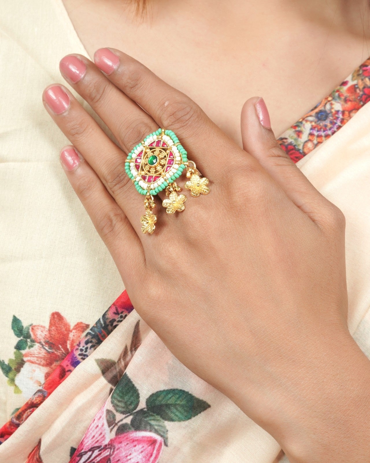 Traditional jadau pachi kundan ring with heritage inspired ethnic styling