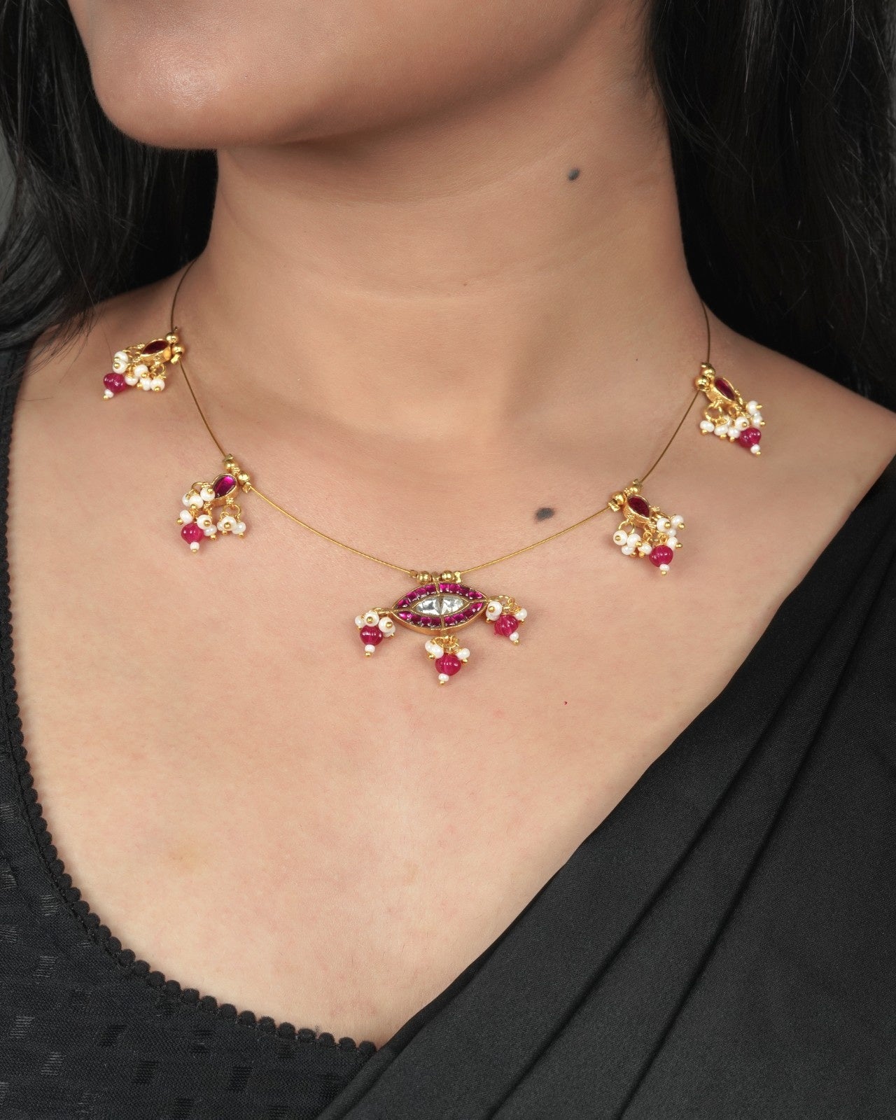 Red stone Jadau Pachi Kundan necklace for festive traditional wear