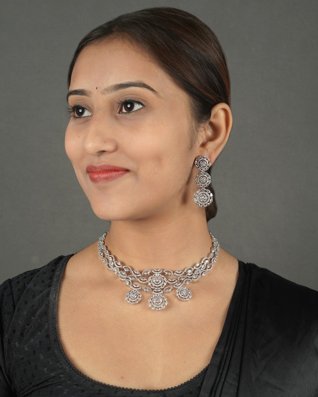 Diamond look necklace set with earrings for saree and lehenga styling