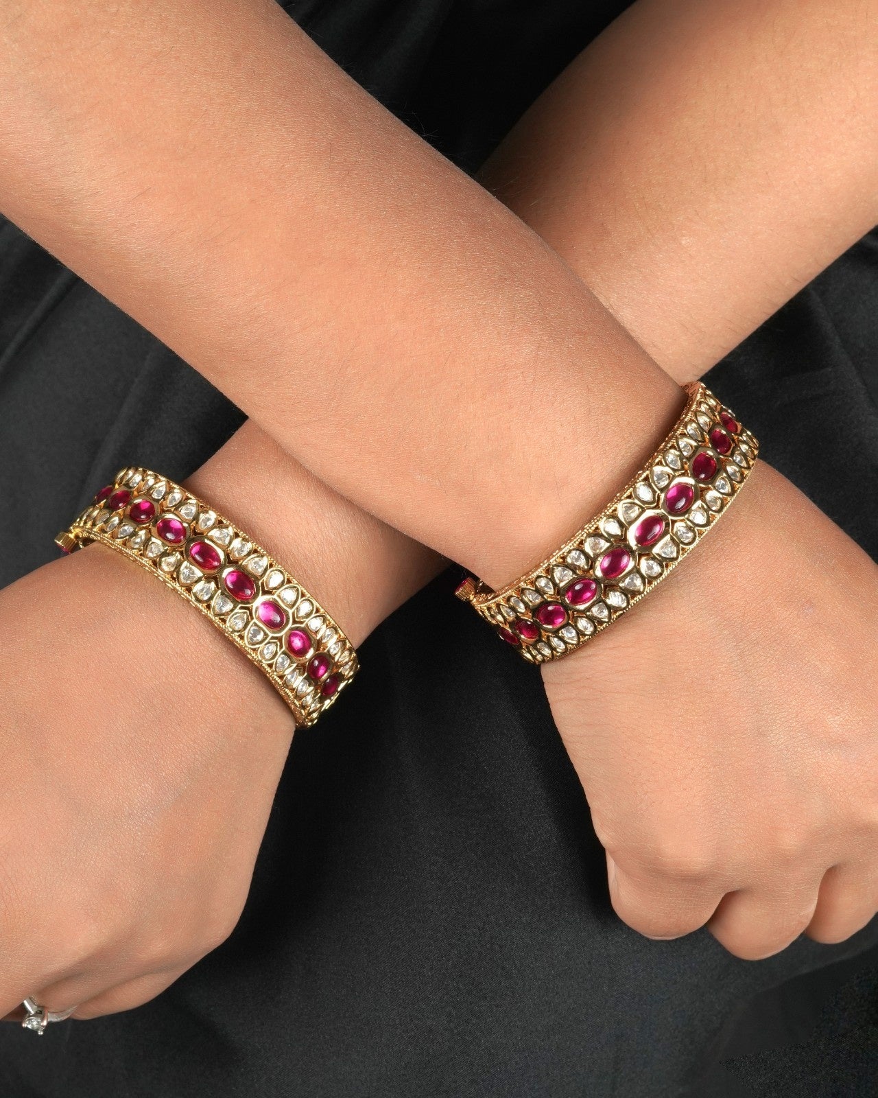 Festive luxe antique kundan bangles and traditional kangan set in gold finish with intricate stone detailing for bridal and festive wear