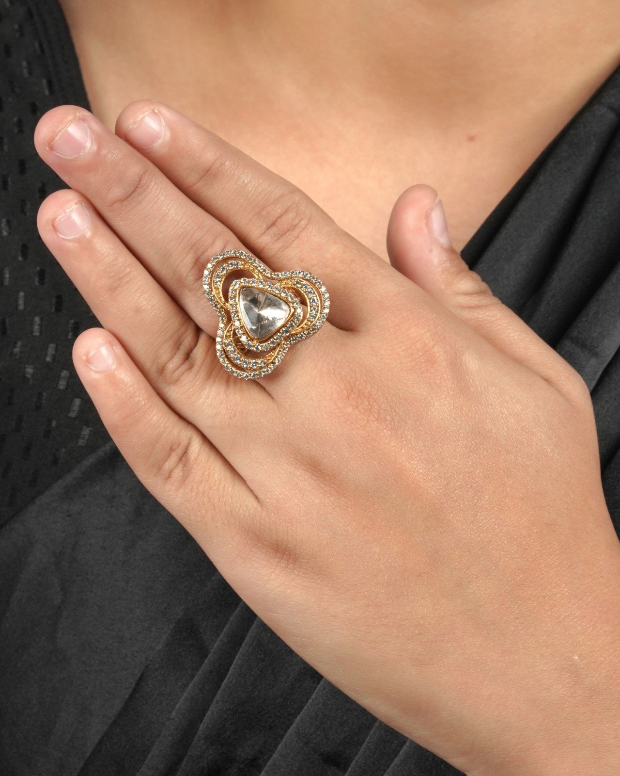 Trousseau-Ready Polki Moissanite Ring designed to complement bridal outfits and curated festive looks