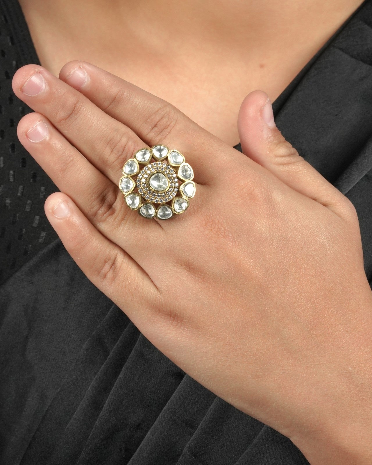 Premium Occasion Moissanite Polki Ring designed to complement designer-inspired looks and occasion drapes