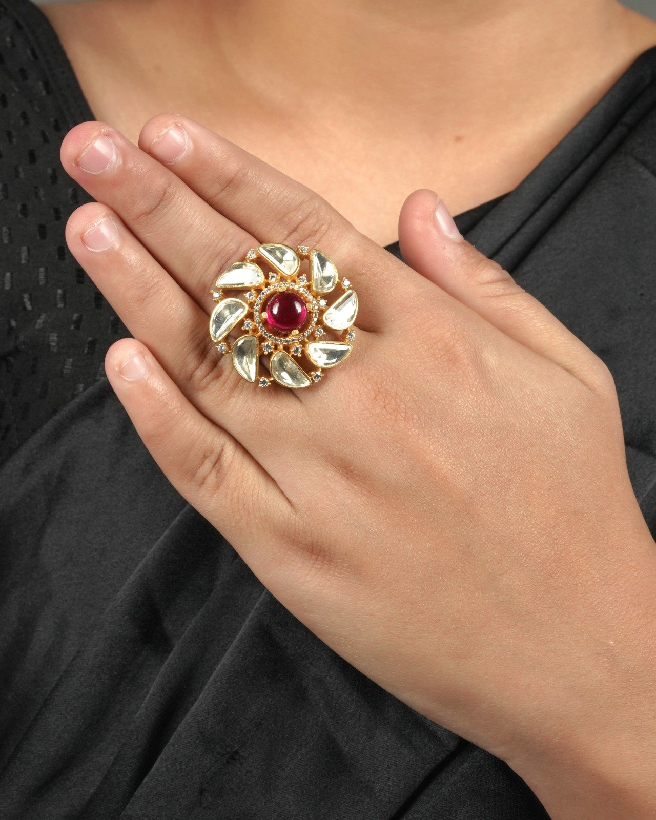 Contemporary Ethnic Polki Moissanite Ring styled for styled day-to-night looks and elegant Indianwear