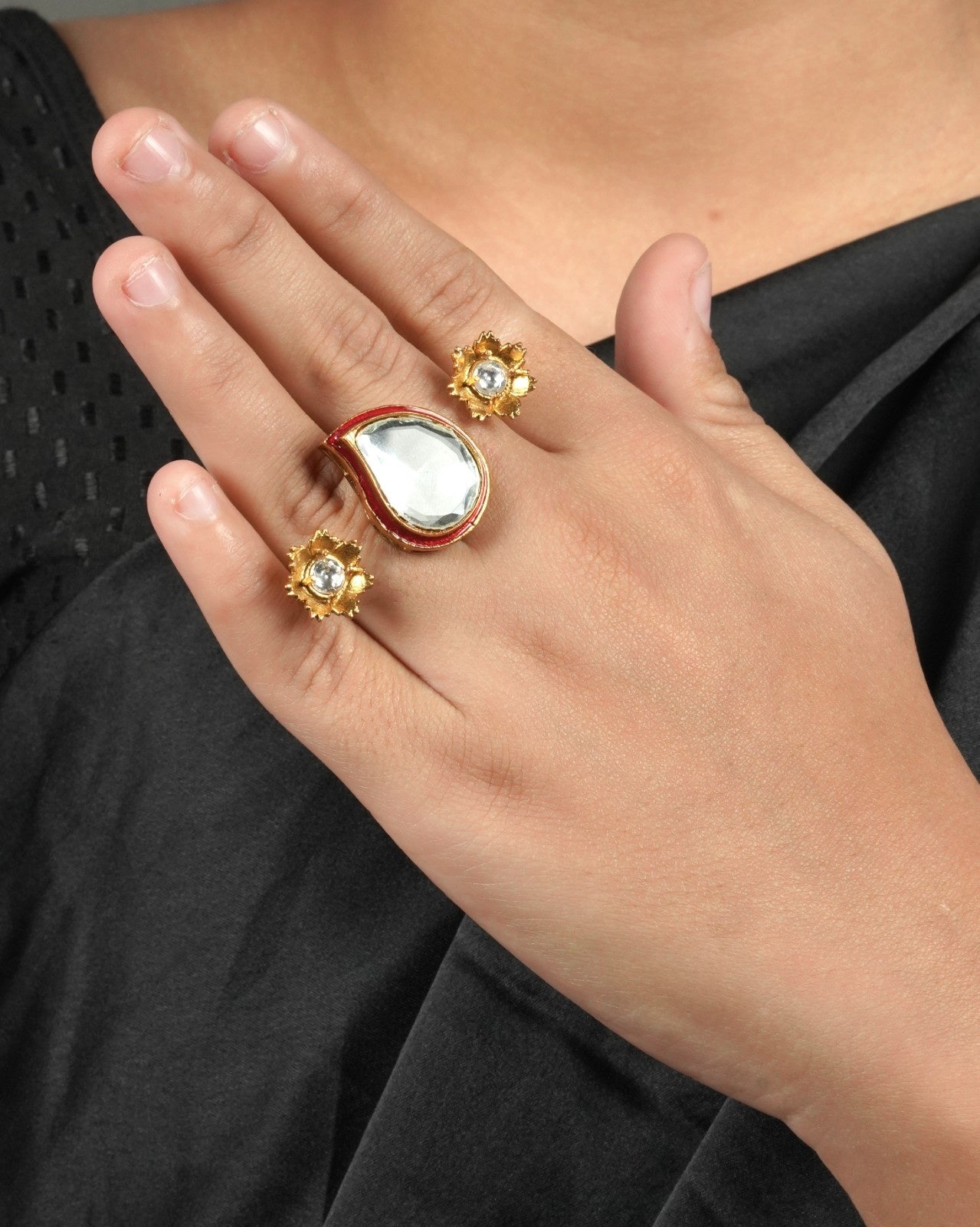 Vintage-Tone Moissanite Polki Ring designed to complement tissue sarees and brocade kurtas
