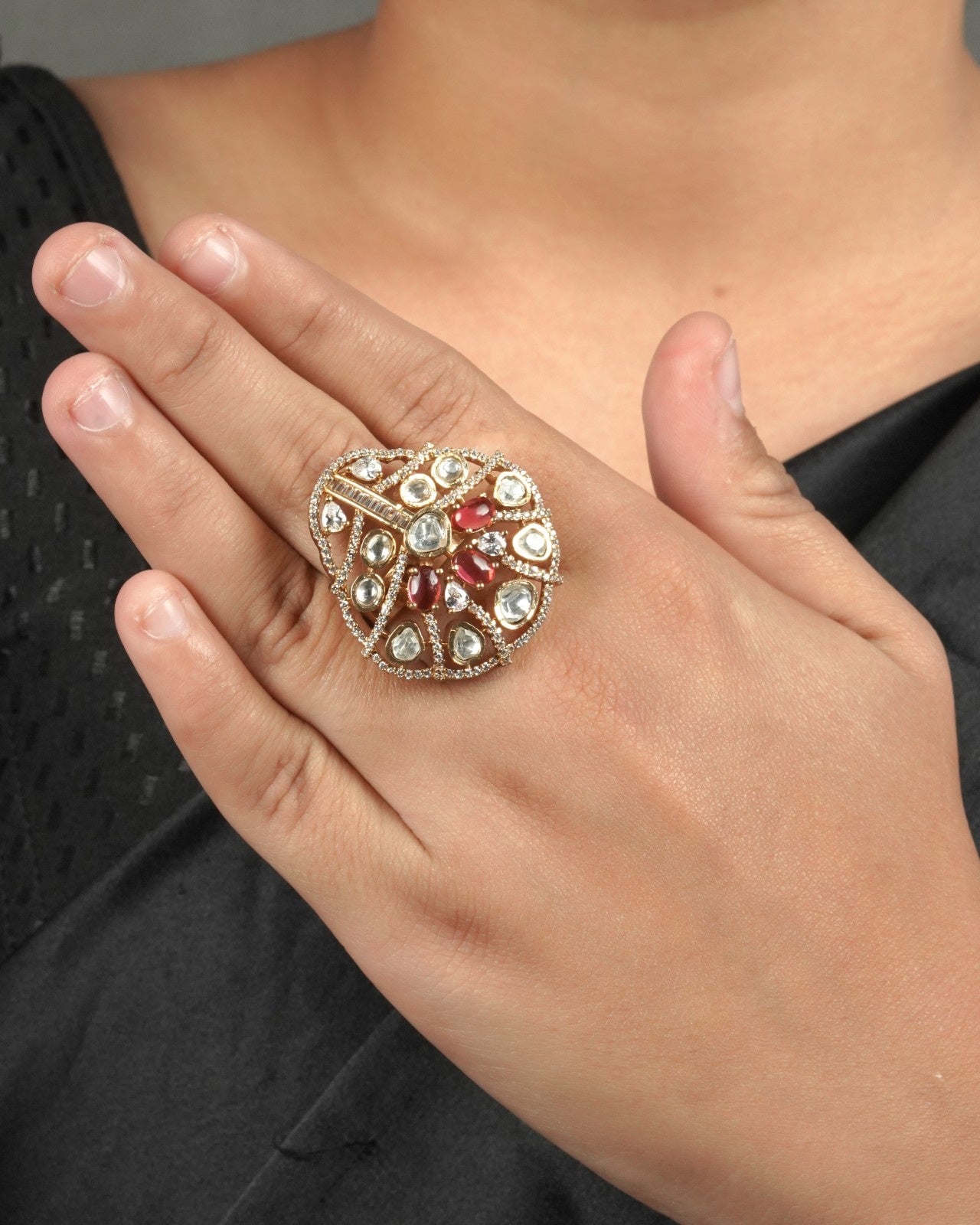 Wedding Guest Moissanite Polki Ring showing polished guest dressing and rich festive detail