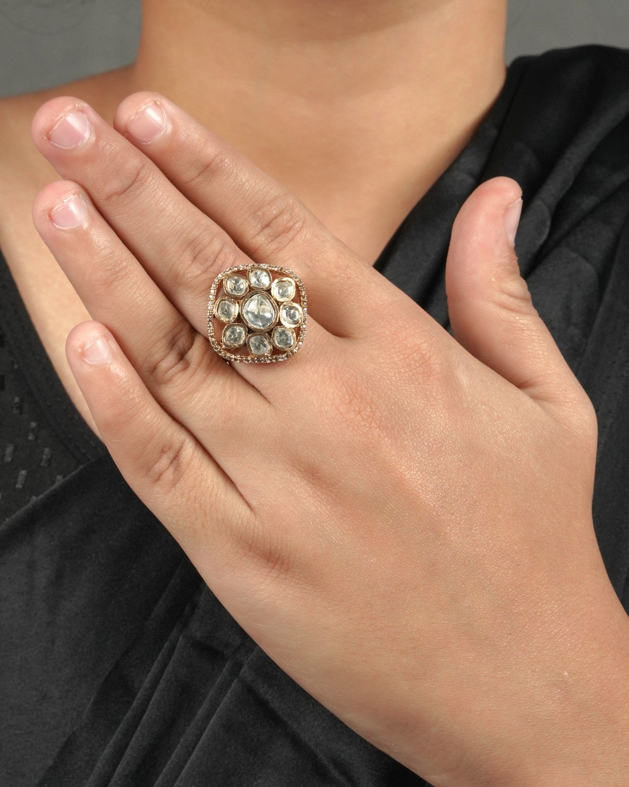 Statement Polki Moissanite Ring for Women showing statement dressing and rich festive detail