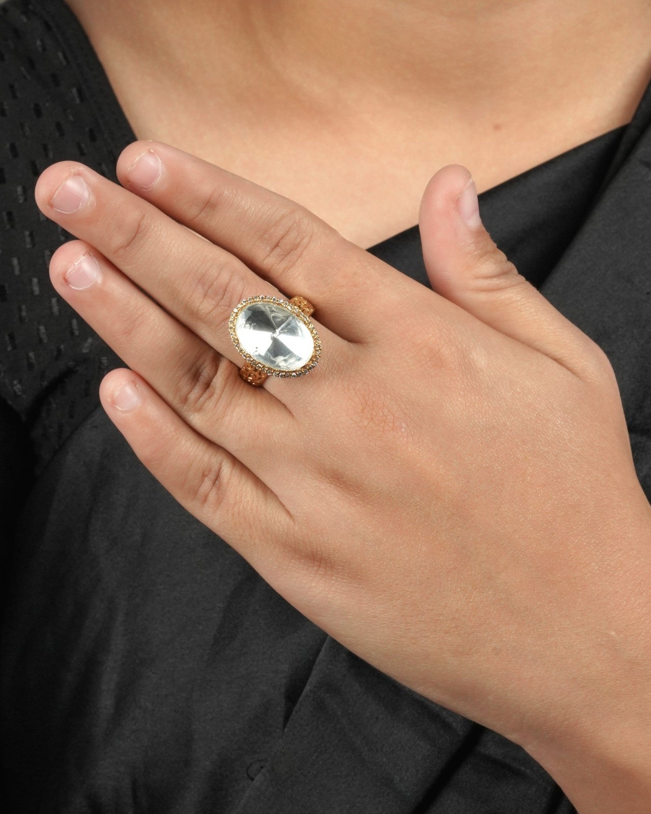 Heirloom-Inspired Moissanite Polki Ring styled for family celebrations and elegant Indianwear