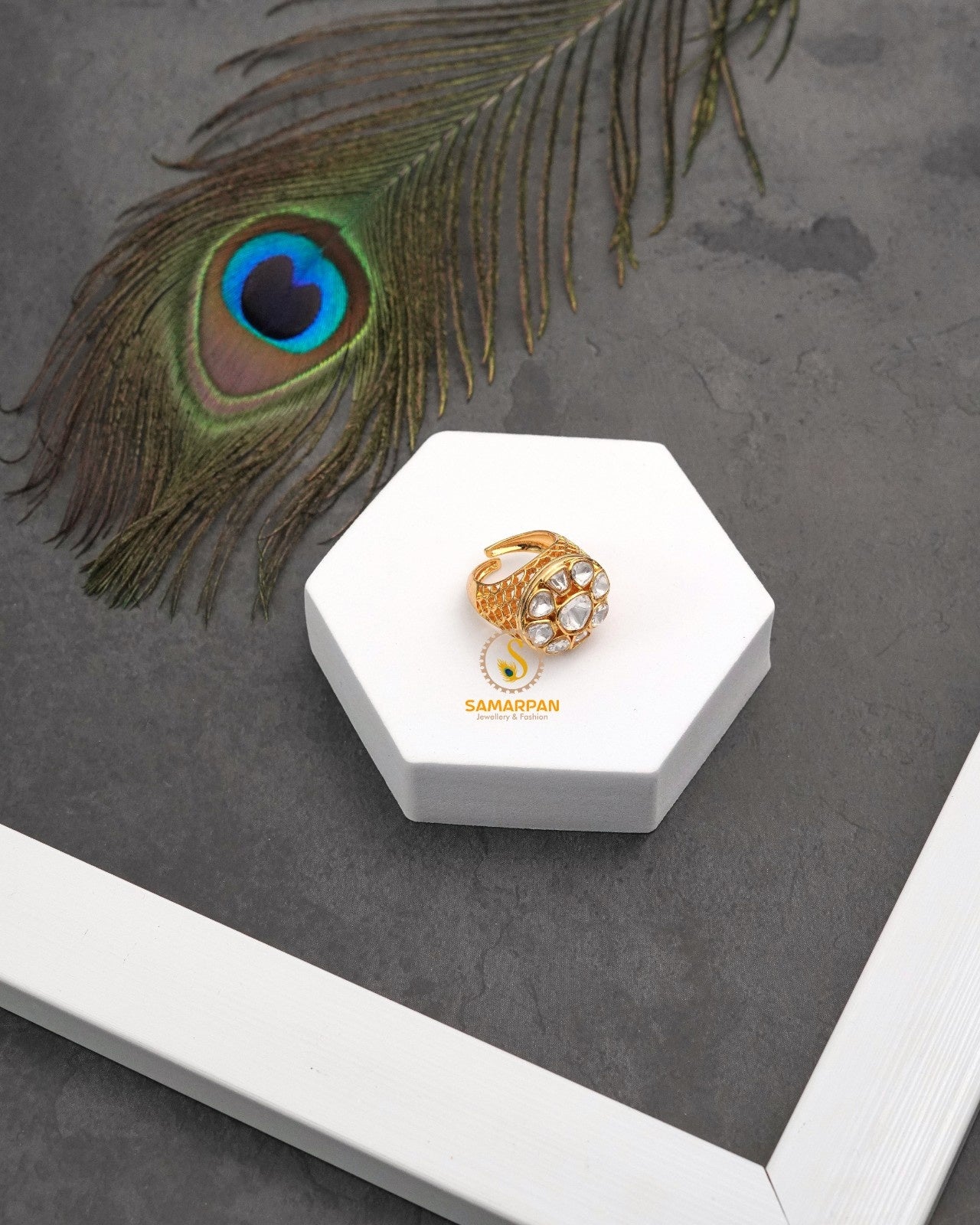 Royal Detail Polki Moissanite Ring showing royal detailing and rich festive detail