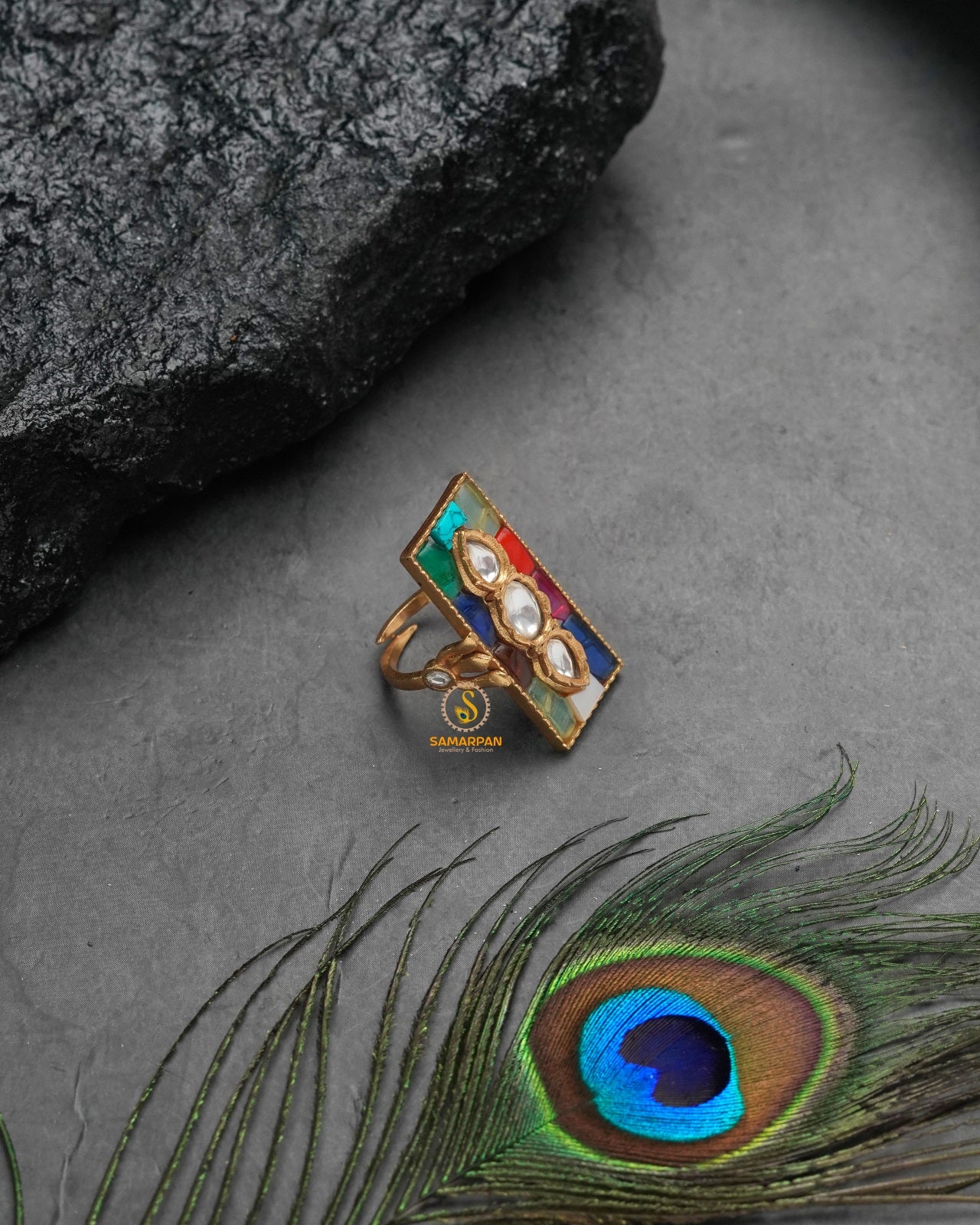 Indian heritage golden ring with detailed ethnic styling