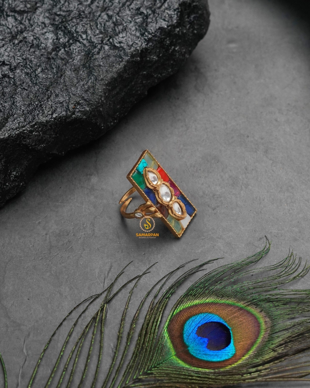 Indian heritage golden ring with detailed ethnic styling