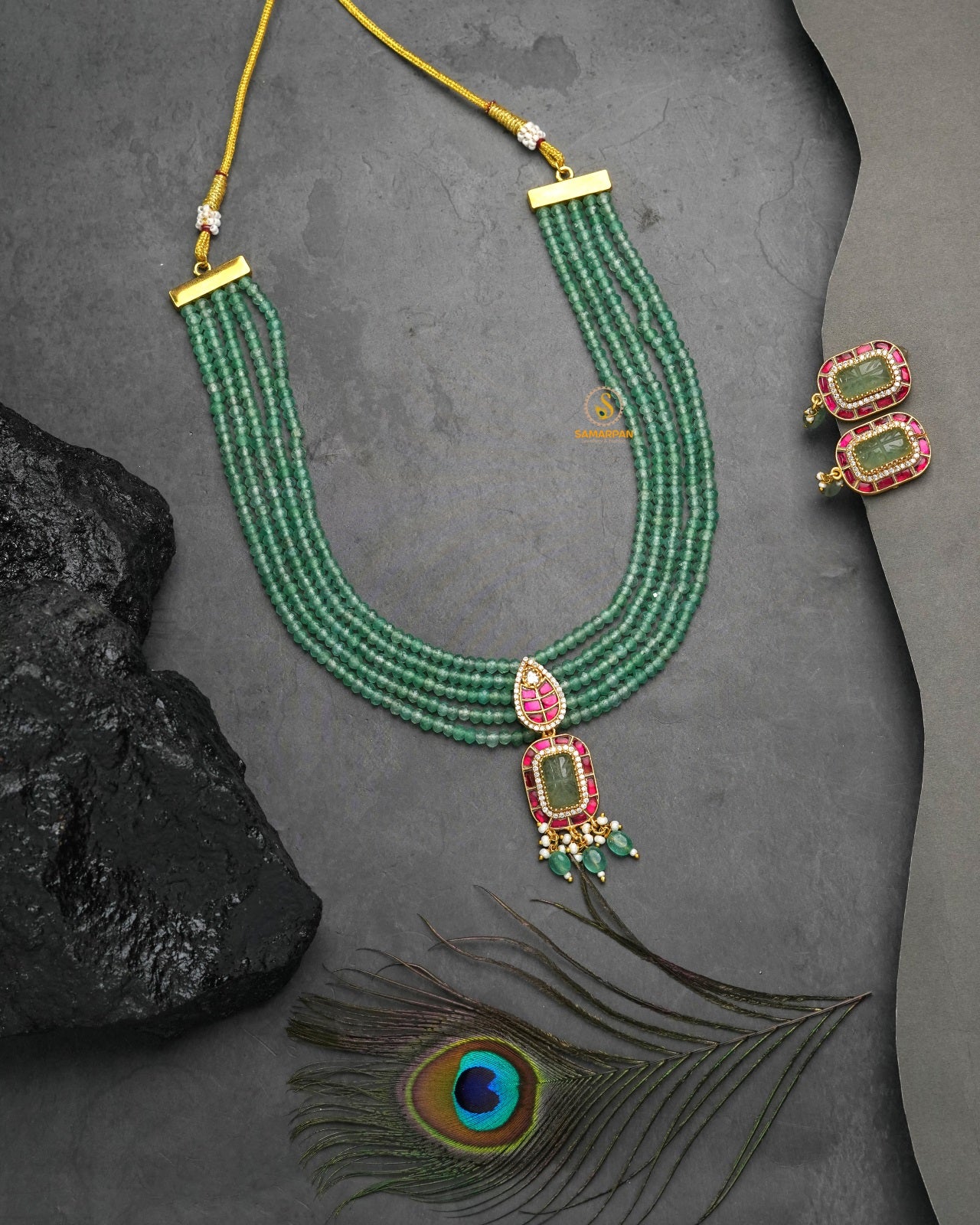 navratna celebration jadau kundan pendant set with matching earrings
