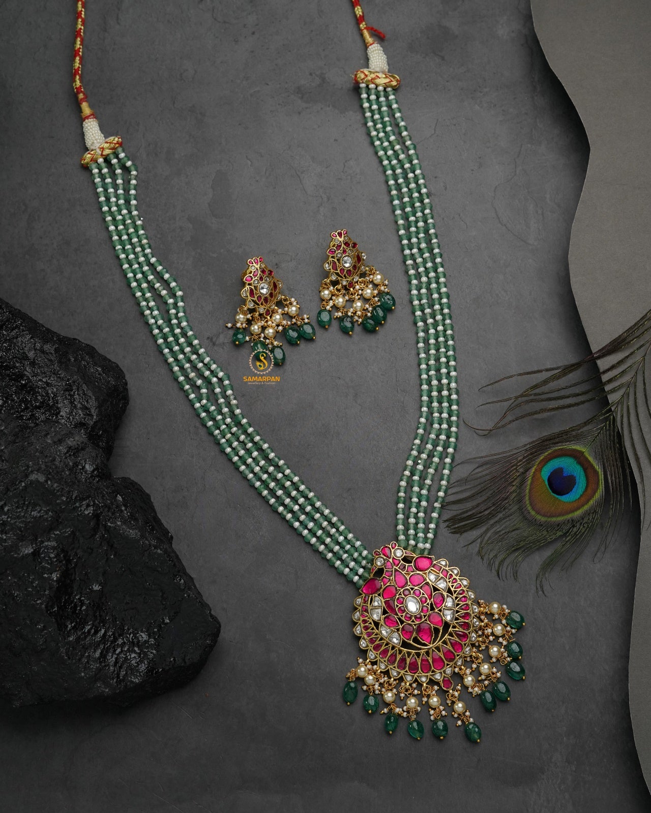 Ruby Color temple-inspired regal jadau kundan pendant set with matching earrings