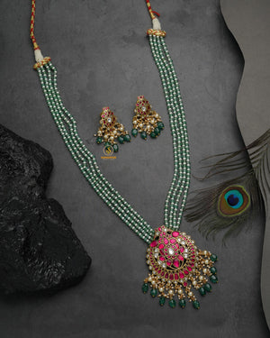 Ruby Color temple-inspired regal jadau kundan pendant set with matching earrings