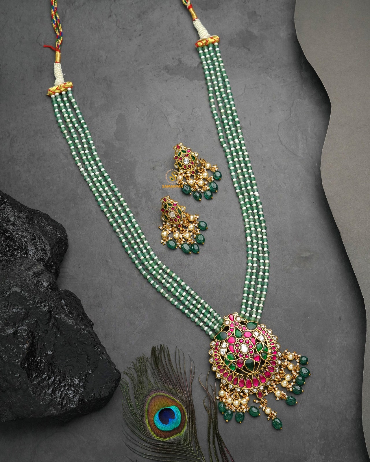 Rubygreen Color temple-inspired regal jadau kundan pendant set with matching earrings