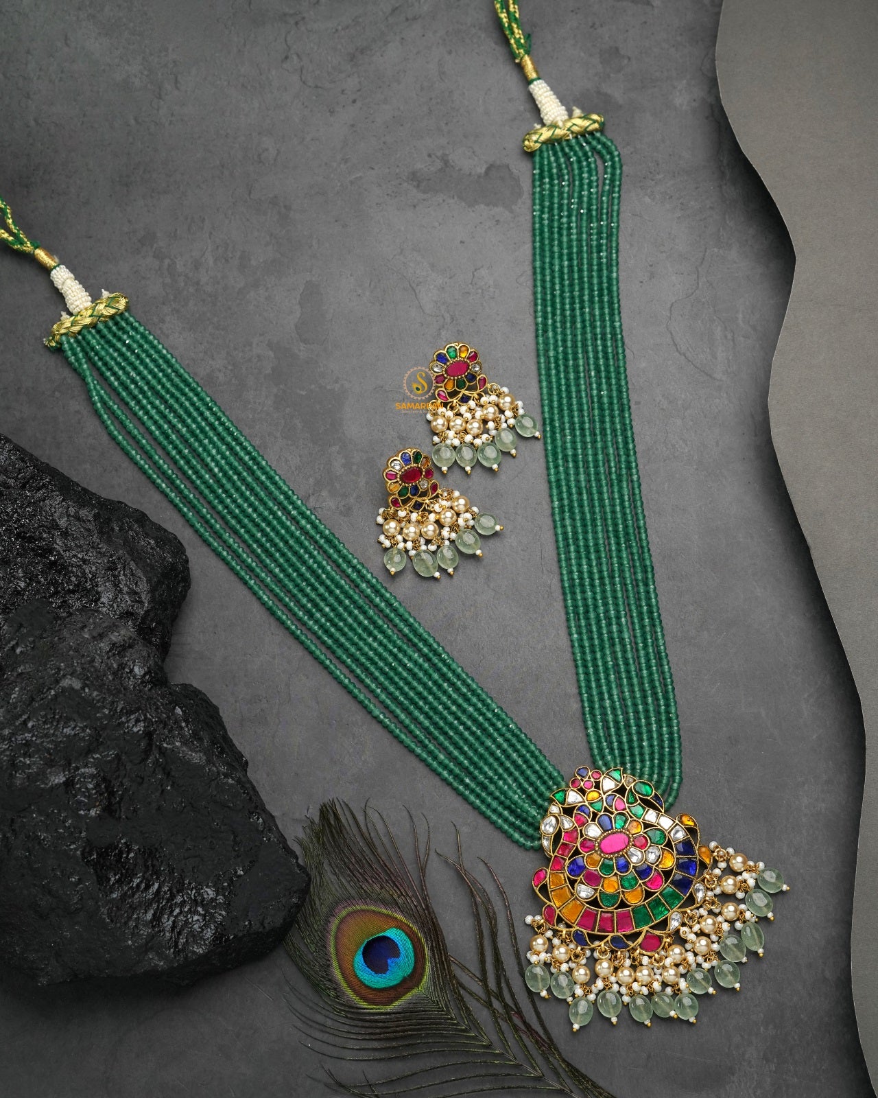 floral filigree jadau kundan pendant set with matching earrings