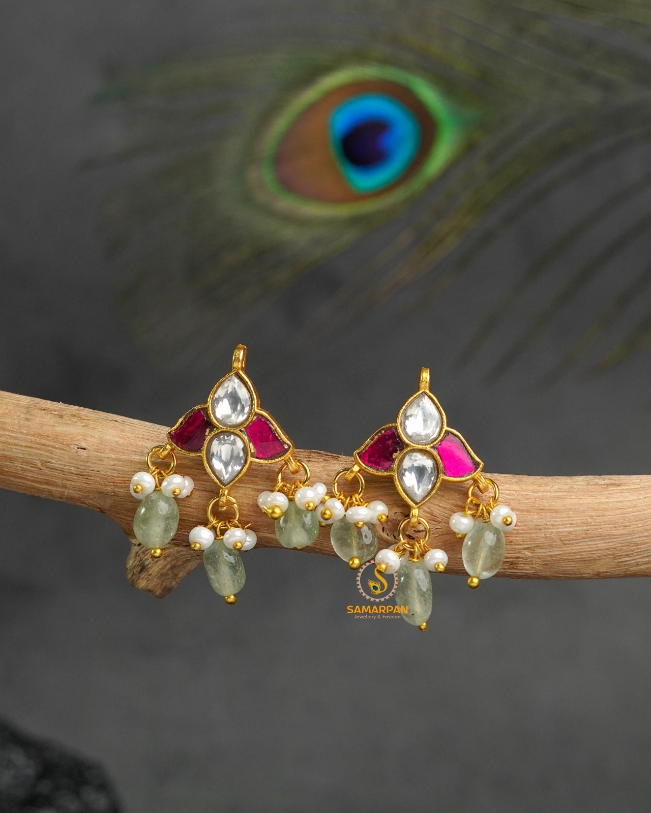 ruby green jadau kundan earrings with ballis and hoops for women festive ethnic wear
