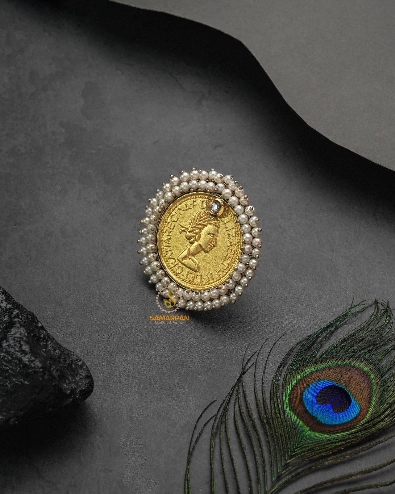 Gold tone metallic golden glow ring with polished luminous effect