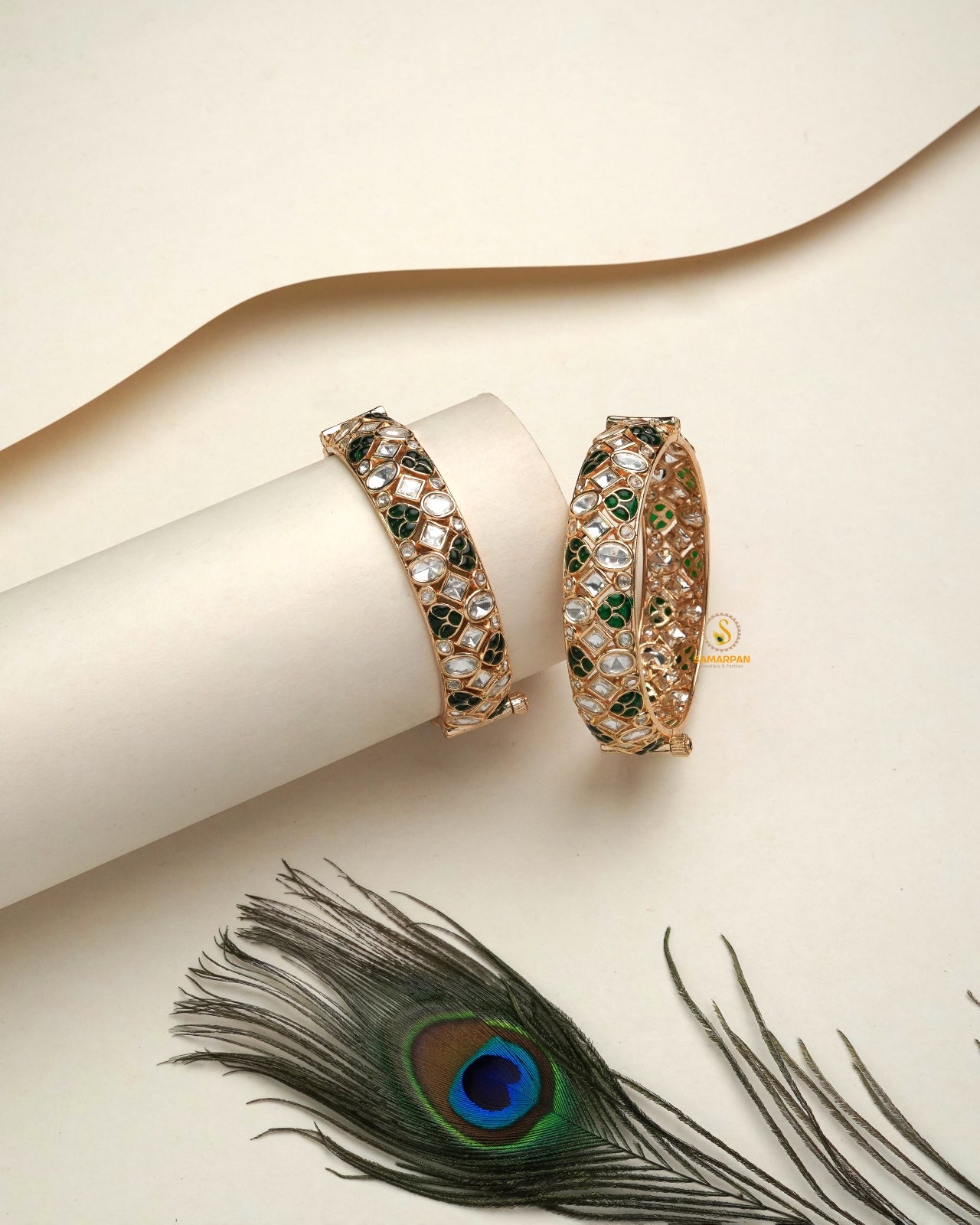 Teen trendy polki bangles kundan kangan set